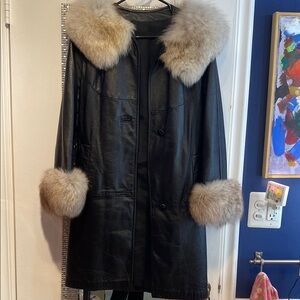 Women's Black Leather Coat with Fur Trim